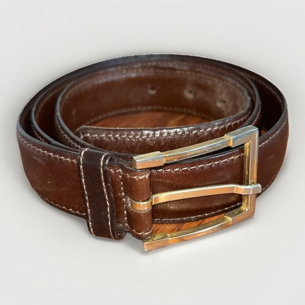 Torino Brown Full Grain Glove Leather Brass Buckle Italian Belt Men's Size 36
